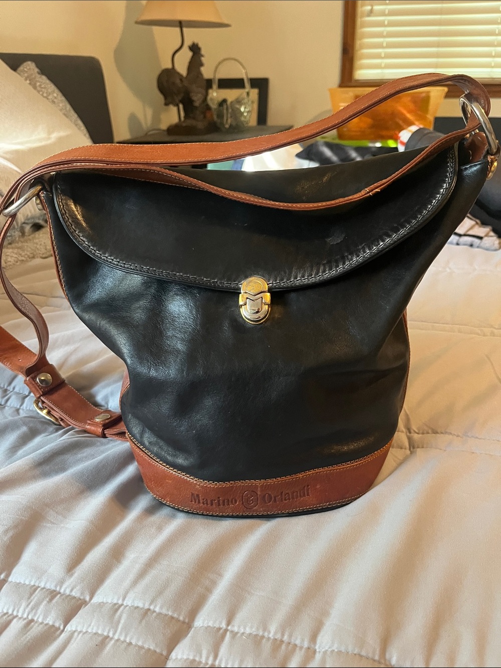 Marino Orlandi Black and Brown Leather Satchel with Gold Tone Clasp